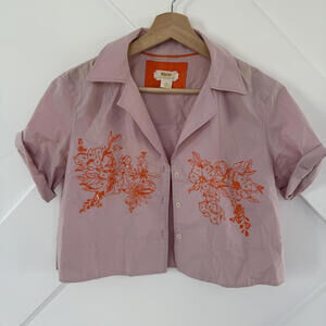 Maeve Anthropologie Lavender Pink Cropped Shirt Orange Floral Embroidery XS